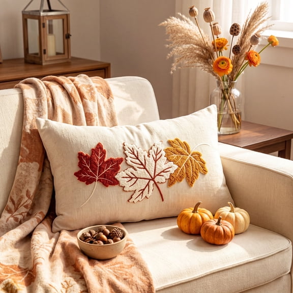 Aonerit 19.7 X 12 Inch Maple Leaf Embroidered Lumbar Pillow Cover, Chenille Fall Sofa Cushion Case, Autumn Harvest Throw Pillow Sham, Home Living Room Decor