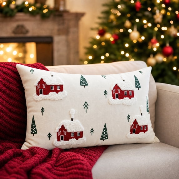 Aonerit 20 X 12 Inch Christmas Embroidered Pillow Cover, Hidden Zipper Cushion Case, Winter Sofa Couch Decor, Holiday Throw Pillow Sham, Home Seasonal Accent