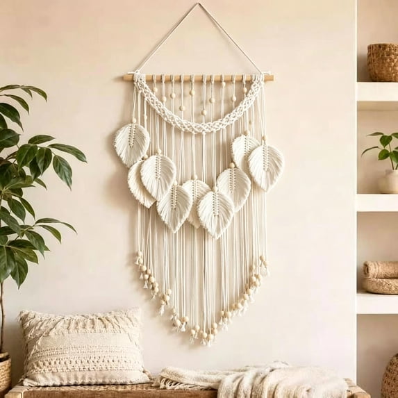 Aonerit 23.6In Boho Leaf Tassel Wall Hanging, Handwoven Cotton Tapestry, Macrame Ornament, Bohemian Living Room Bedroom Decor,Artistic Accent