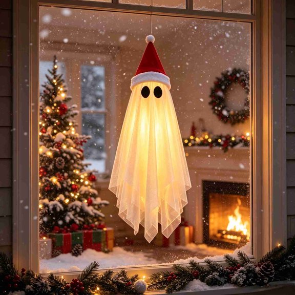 Aonerit 23In Christmas Light Up Ghost,Glowing Christmas Hat Ghosts,Spooky Cute Ghost Decorations For Halloween Christmas Party Prop