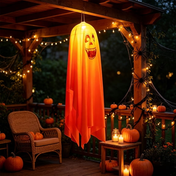 Aonerit 35 Inch Orange Ghost String Lights, Spooky Halloween Outdoor Hanging Decor, Battery Operated Tree Patio Yard Prop, Party Front Porch Light