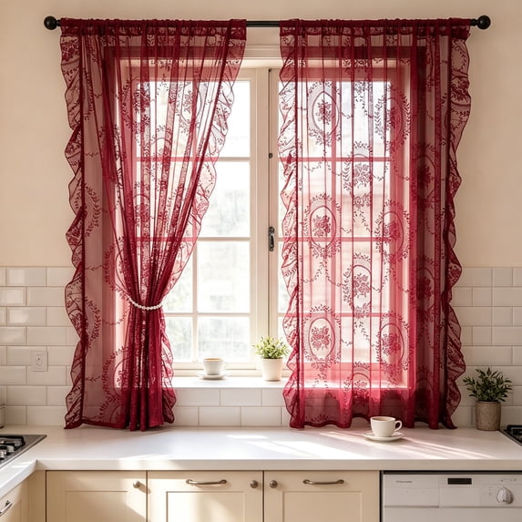 Aonerit 39*59in Lace Sheer Curtain, Floral Rod Pocket Window Panel, French Country Voile Drapes, Semi Sheer Privacy Curtains For Living Room Bedroom Kitchen