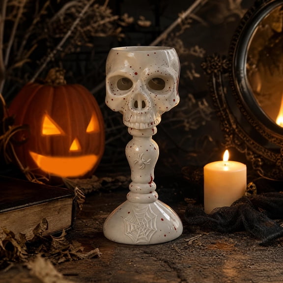 Aonerit 5In Skull Lantern, Led Decorative Candleholder, Spooky Night Light Desk Ornament,Gothic Halloween Tabletop Decor, For Home Party