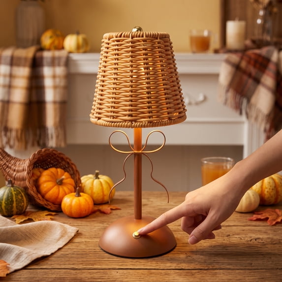 Aonerit 6.3In Rattan Led Table Lamp, Woven Shade Bedside Light, Portable Cordless, For Bedroom Living Room Patio