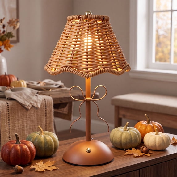 Aonerit 6.3In Rattan Led Table Lamp, Woven Shade Bedside Light, Portable Cordless, For Bedroom Living Room Patio