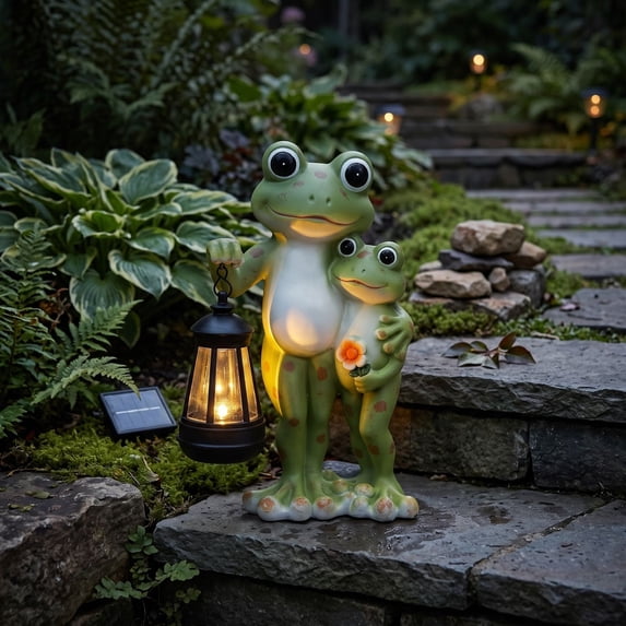 Aonerit 6.5X4.5In Solar Frog Statue, Resin Animal Figurine Light, Outdoor Garden Patio Decor, Auto On Led, Cute Lawn Ornament