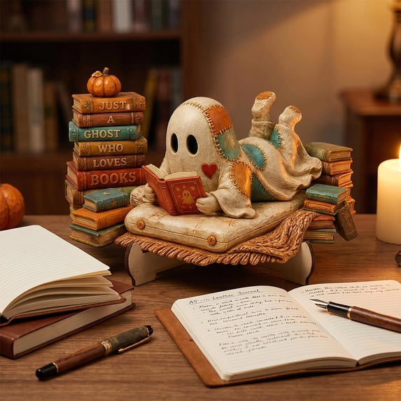 Aonerit 6X4In Ghost Reading Book Ornament, Wooden Halloween Figurine, Fall Harvest Tabletop Decor, Cute Farmhouse Desktop, Home Party Shelf