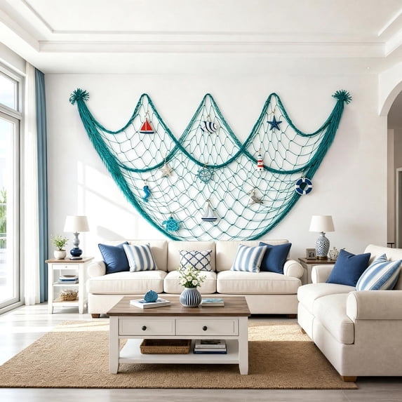 Aonerit 79In Cotton Fishing Net, Nautical Wall Hanging Decor, Sea Themed Mesh Display, Beach House Home Decor,Coastal Room Accent