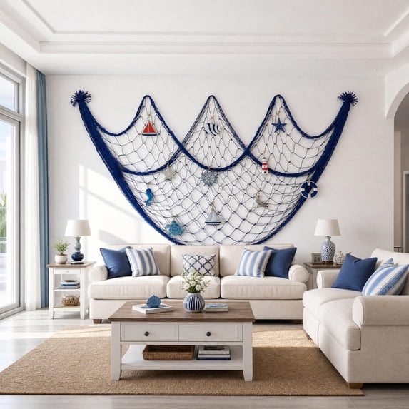 Aonerit 79In Cotton Fishing Net, Nautical Wall Hanging Decor, Sea Themed Mesh Display, Beach House Home Decor,Coastal Room Accent