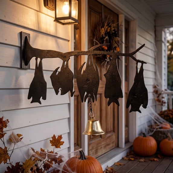 Aonerit 8 Inch Hanging Upside-Down Bats Ornament, Bells Spooky Halloween Hanging Decor, Indoor Outdoor Party Decoration, Tree Porch Accent, Holiday Home Ornament