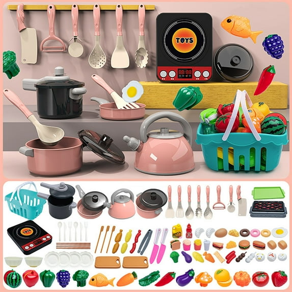 Aonerit 94Pcs Kids Kitchen Toy Accessories Set, Toddler Pretend BBQ Cooking Playset with Pots and Pans, Utensils Cookware, Cut Play Food Set, Toy Vegetables, Gifts for Girls and Boys