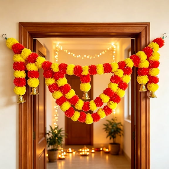 Aonerit Artificial Marigold Garland, Yellow Flower Door Curtain, Golden Bell Tassel, Wedding Diwali Decor, Doorway Arch Porch Display