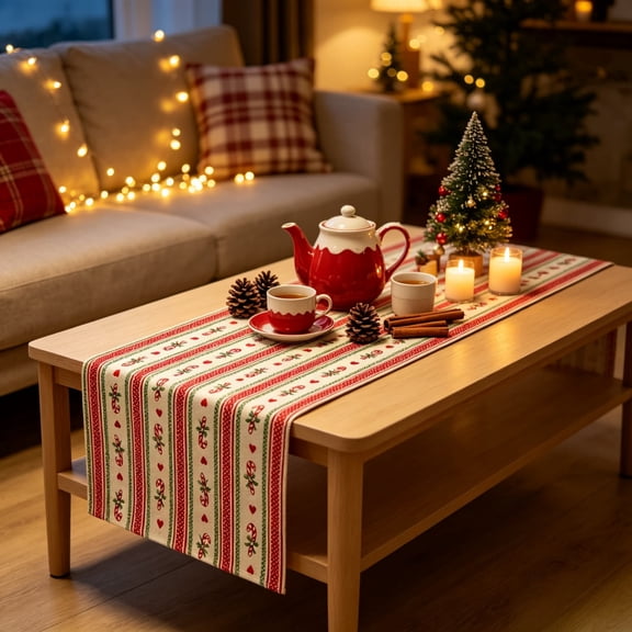 Aonerit Candy Cane Table Runner, Red White Stripe Print, Wrinkle Resistant Cloth, Long Buffet Overlay, Kitchen Island Display