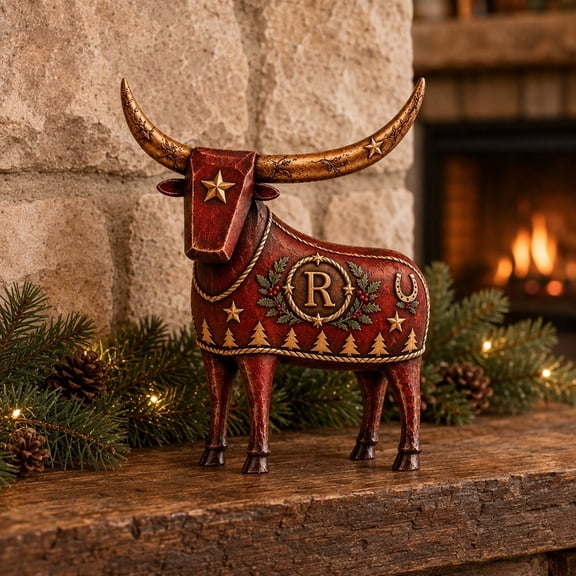 Aonerit Christmas Longhorn Bull Figurine, Distressed Red Finish, Antique Gold Horn Detail, Sculpted Resin Body, Western Shelf Decor