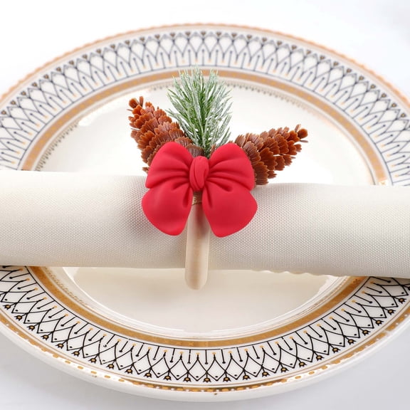Aonerit Christmas Napkin Rings, Red Bow Berry Holder,Dinner Party Place Setting Accent, Winter Farmhouse Ornament