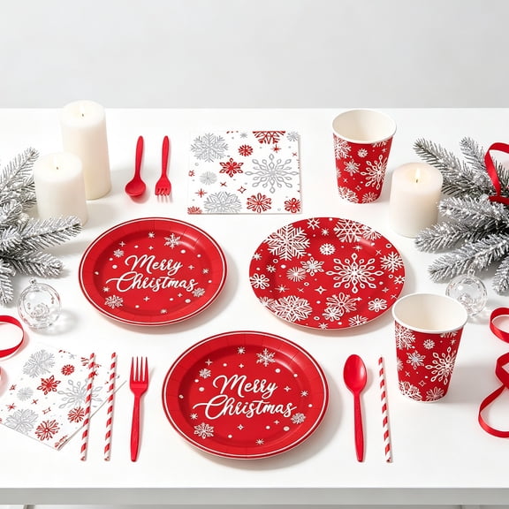 Aonerit Christmas Snowflake Disposable Dinnerware Set, 10 Person Paper Plate Kit, Holiday Party Tableware, Seasonal Home Dining Decor Accessory