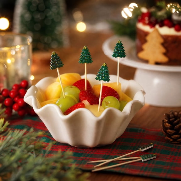 Aonerit Christmas Tree Bamboo Skewers, 100 Pack Disposable Fruit Picks, Wooden Dessert Sticks, Holiday Food Decor, Christmas Party Supplies