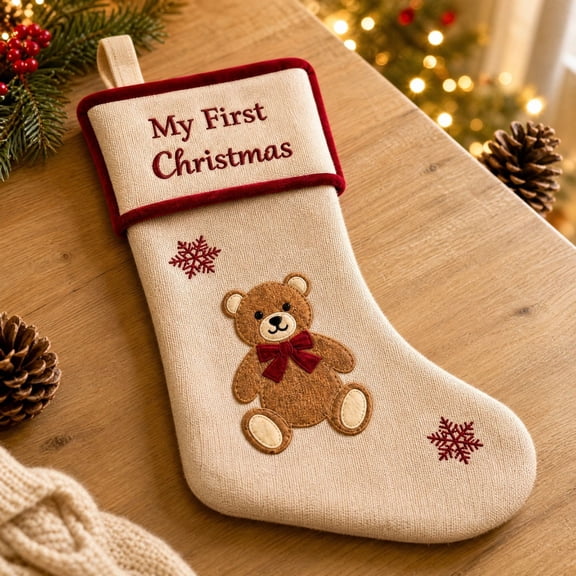 Aonerit First Christmas Stocking, Embroidered Lettering Applique, Burgundy Velvet Cuff, Sturdy Hanging Loop, Nursery Bed Display