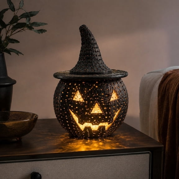 Aonerit Halloween Pumpkin Storage Box, Witch Hat Lid Container, 3D Printed Rattan Look, Spooky Tabletop Decor, Candy Storage Organizer