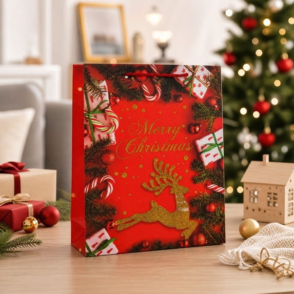 Aonerit Large Christmas Gift Bags, Gold Foil Trim Paper, Festive Present Wrapping, Holiday Family Gathering, Party Home Decorative Supply