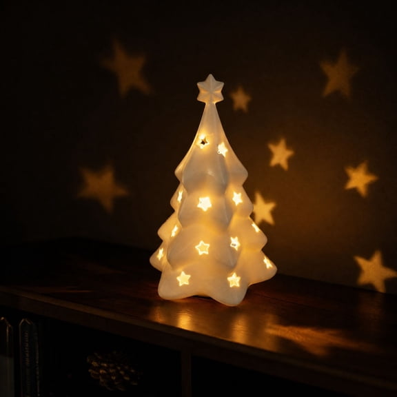 Aonerit Lighted Ceramic Christmas Tree,Hollow-Carved Tabletop Xmas Tree Figurines,Winter Night Light For Tabletop Shelf