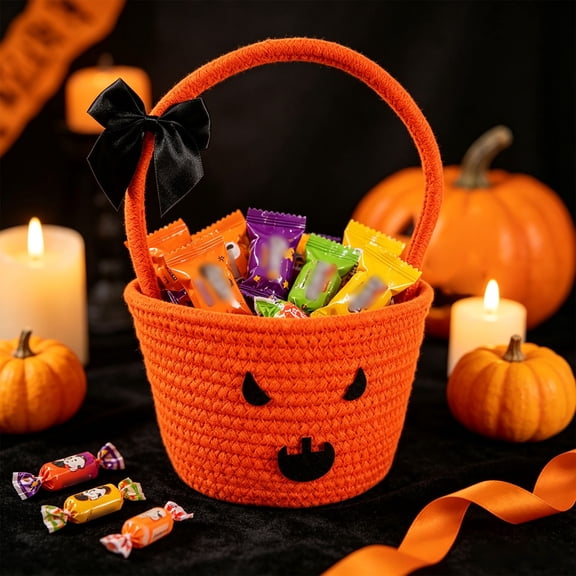 Aonerit Pumpkin Candy Basket, Halloween Black Bow Orange Woven, Portable Kids Hand Basket, Trick Or Treat Bucket, Party Collection Decor, Storage Container