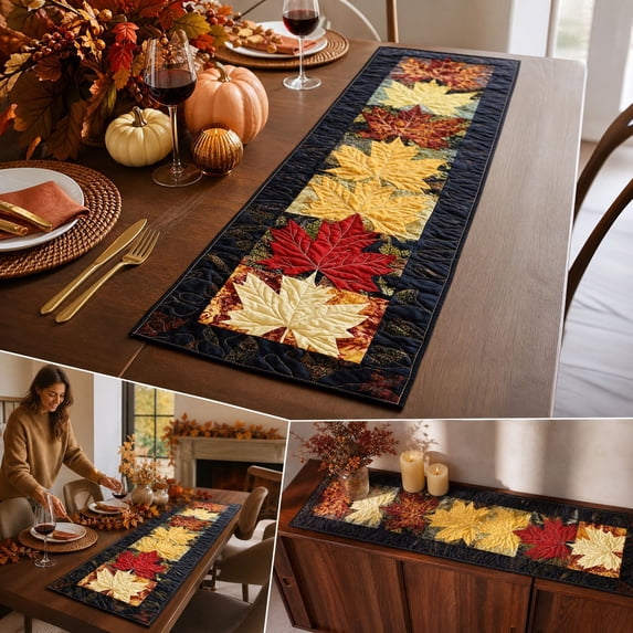 Aonerit Quilted Maple Leaf Tablecloth, Printed Autumn Dining Decor, Washable Living Room Kitchen Cover, Seasonal Home Party Table Accessory