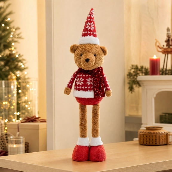 Aonerit Retractable Leg Christmas Bear Decor, 1 Pack Stuffed Standing Bear With Snowflake Sweater, Fireplace Shelf Tabletop Holiday Decor