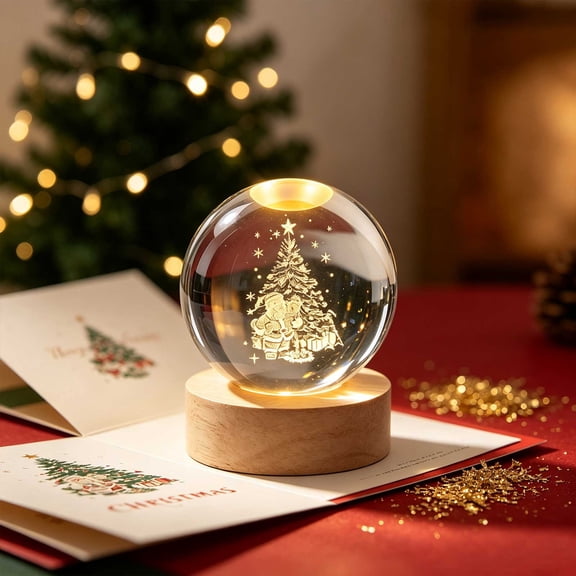 Aonerit Round Christmas Night Light, Ball Shaped Acrylic Orb, Clear Gentle Shine, Bedside Desk Ornament, Holiday Gift for Family