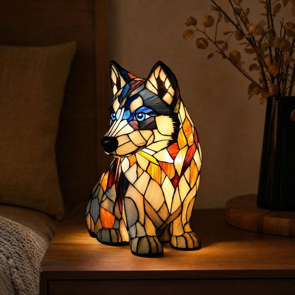 Aonerit Stained Glass Puppy Lamp, Resin Dog Night Light, USB Charging Table Lamp, Home Bedroom Desk Decor, Cute Pet Accent