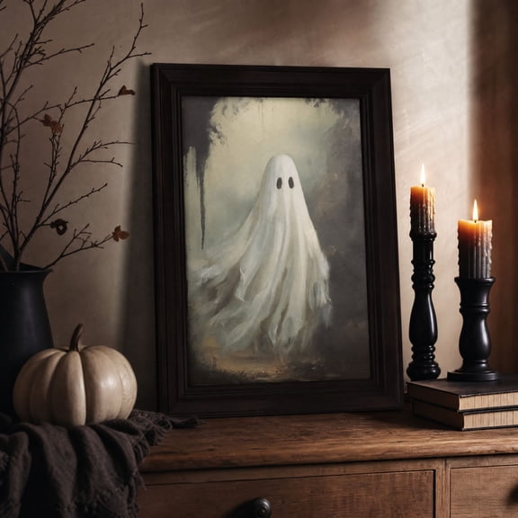 Aonerit Vintage Ghost Wall Art,Cute Spooky Painting,Gothic Halloween Framed Picture,Tabletop Wall Decor,Home Halloween