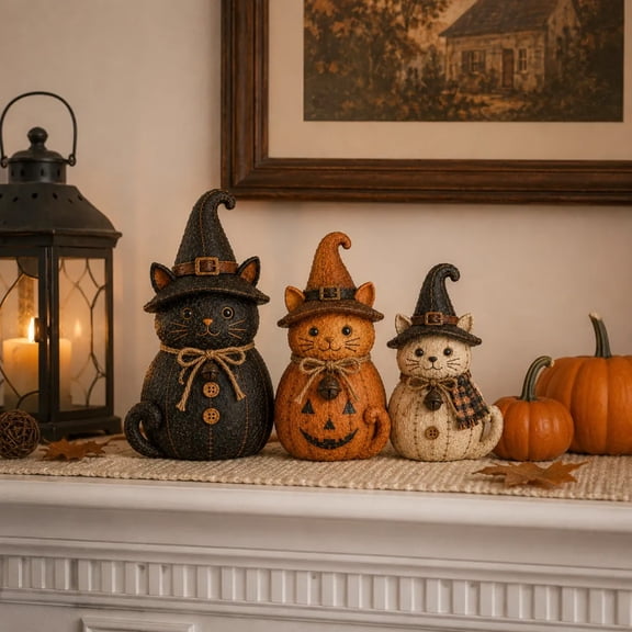 Aonerit Vintage Witch Cat Dog Set,Halloween Rustic Black Cats Dogs Pumpkin Statues,Fall Primitive Halloween Figurines,For Mantel Shelf Table Farmhouse Fall Decor