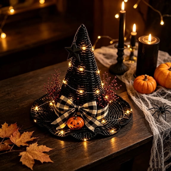 Aonerit Woven Rattan Witch Hat Decor, Scalloped Shaped Led Tabletop Ornament,For Mantel Shelf Party, Handmade Boho Accent, Spooky Night Light