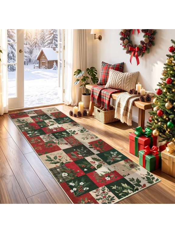 Christmas 2'x6' Runner Rug Washable Runner Rugs for Hallway 6 Feet Xmas Kitchen Hallway Runner Low Pile Carpet Runners for Bedroom Laundry Entryway, Holiday Decor