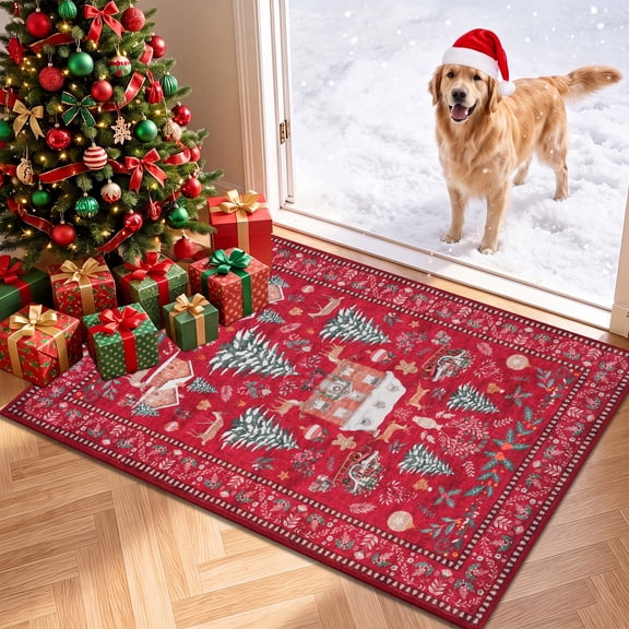 Aonewoe Christmas 2x3 Washable Rug Non Skid Entrance Mat Indoor Xmas Low-Profile Inside Floor Mats for Entrance, Holiday Decor