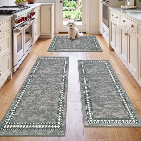Aonewoe Kitchen Rug Sets of 3 Non Slip Kitchen Rugs and Runners Washable Gray Kitchen Mat Floor Carpet for Kitchen Hallway Laundry Room Sink