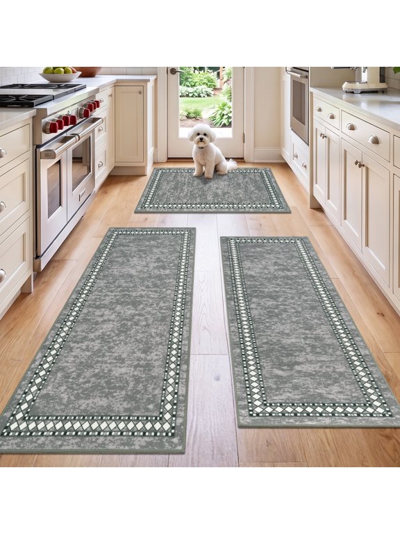 Kitchen Rug Sets of 3 Non Slip Kitchen Rugs and Runners Washable Gray Kitchen Mat Floor Carpet for Kitchen Hallway Laundry Room Sink
