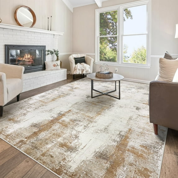 Aonewoe 9x12 Area Rugs for Living Room Abstract Washable Rugs Soft Neutral Bedroom Rug Non Slip Indoor Carpet for Living Room, Dining Room, Playroom, Office (Beige)