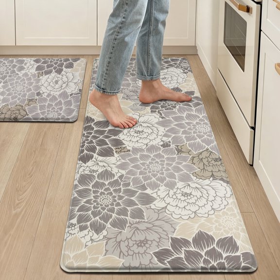 Aonewoe Anti Fatigue Mats for Kitchen 2 Piece Waterproof Kitchen Mats for Floor Floral Comfort Standing Mat for Kitchen Laundry, Office, Desk (17"x28"+17"x47")