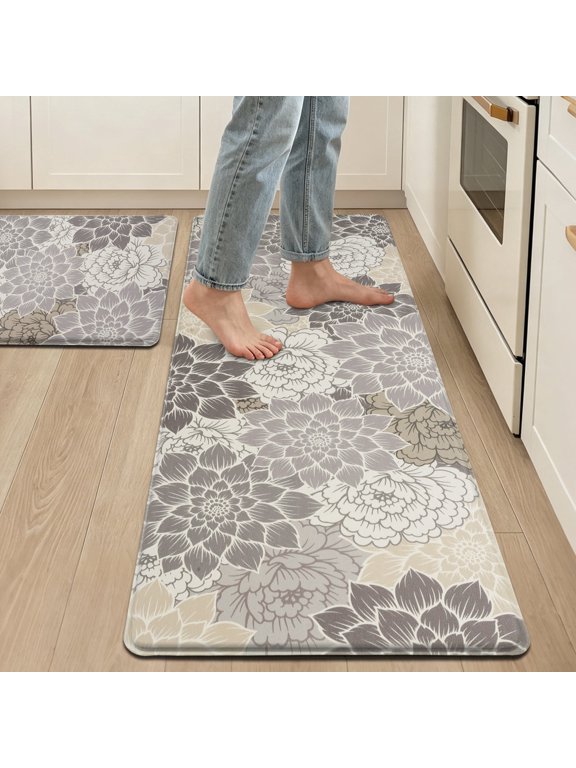 Anti Fatigue Mats for Kitchen 2 Piece Waterproof Kitchen Mats for Floor Floral Comfort Standing Mat for Kitchen Laundry, Office, Desk (17"x28"+17"x47")