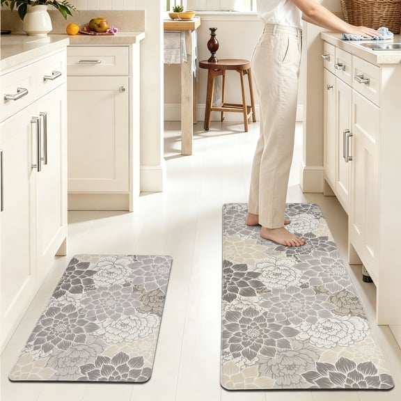 Aonewoe Anti Fatigue Mats for Kitchen 2 Piece Waterproof Kitchen Mats for Floor Floral Comfort Standing Mat for Kitchen Laundry, Office, Desk (17"x28"+17"x47")