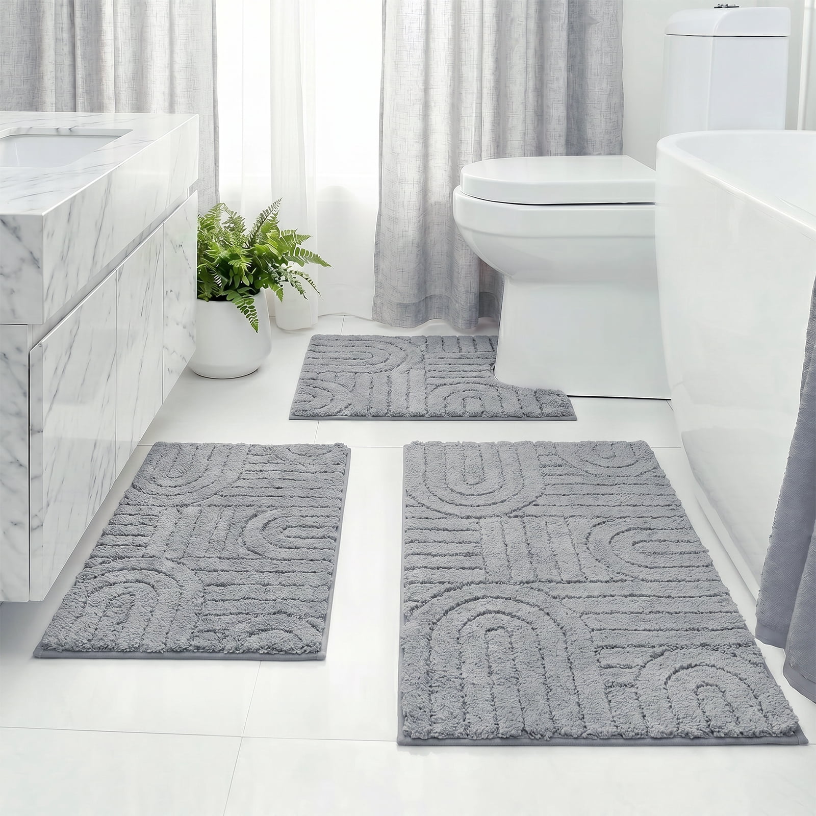 Aonewoe Bath Mat Sets 3 Piece Microfiber Bathroom Mat Sets Water Absorbent Washable Non Slip Bath and Toilet Rug Set for Bathrooms Decor（Gray）