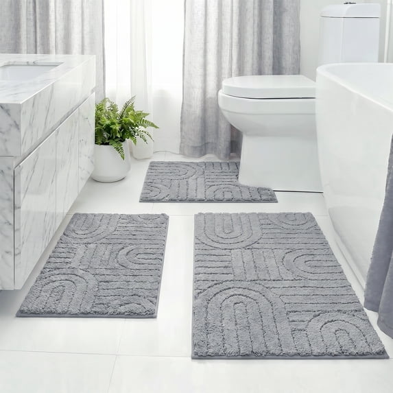 Aonewoe Bath Mat Sets 3 Piece Microfiber Bathroom Mat Sets Water Absorbent Washable Non Slip Bath and Toilet Rug Set for Bathrooms Decor(Gray)