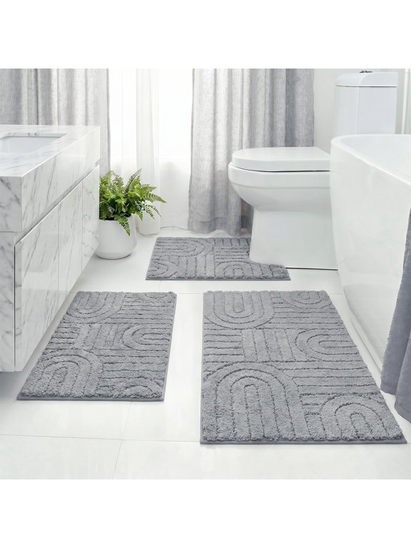 Bath Mat Sets 3 Piece Microfiber Bathroom Mat Sets Water Absorbent Washable Non Slip Bath and Toilet Rug Set for Bathrooms Decor(Gray)