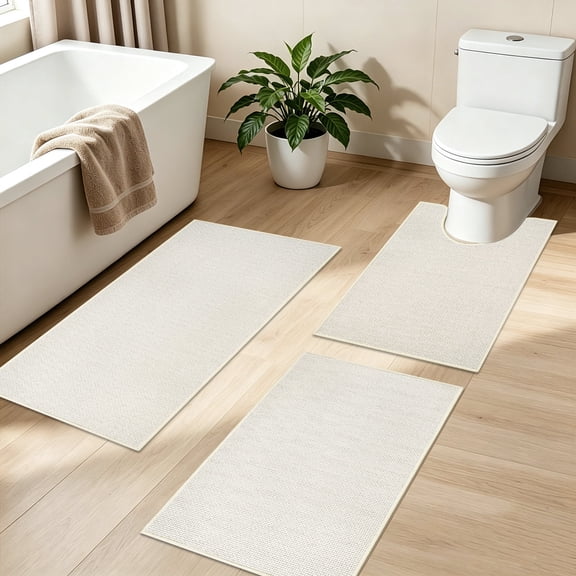 Aonewoe Bathroom Rugs Sets 3 Piece Beige Quick Dry Thin Bath Mat with Toilet Rug Non Slip Bath Runner Rugs for Bathtub Sink Home Decor