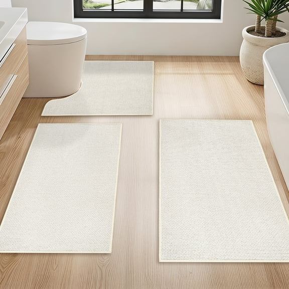 Aonewoe Bathroom Rugs Sets 3 Piece Beige Quick Dry Thin Bath Mat with Toilet Rug Non Slip Bath Runner Rugs for Bathtub Sink Home Decor
