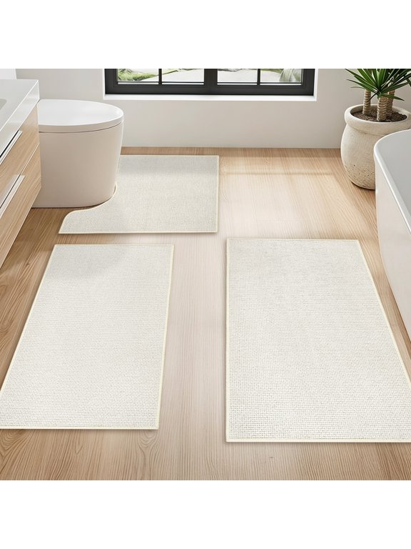 Bathroom Rugs Sets 3 Piece Beige Quick Dry Thin Bath Mat with Toilet Rug Non Slip Bath Runner Rugs for Bathtub Sink Home Decor