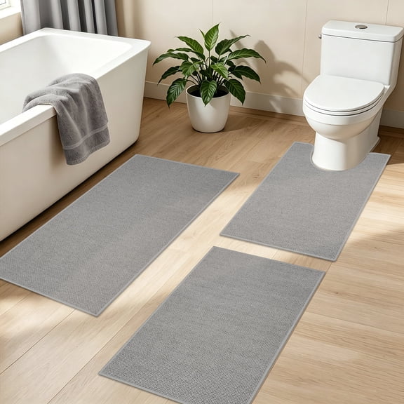 Aonewoe Bathroom Rugs Sets 3 Piece Quick Dry Thin Bath Mat with Toilet Rug Gray Non Slip Bath Runner Rugs for Bathtub Sink Home Decor