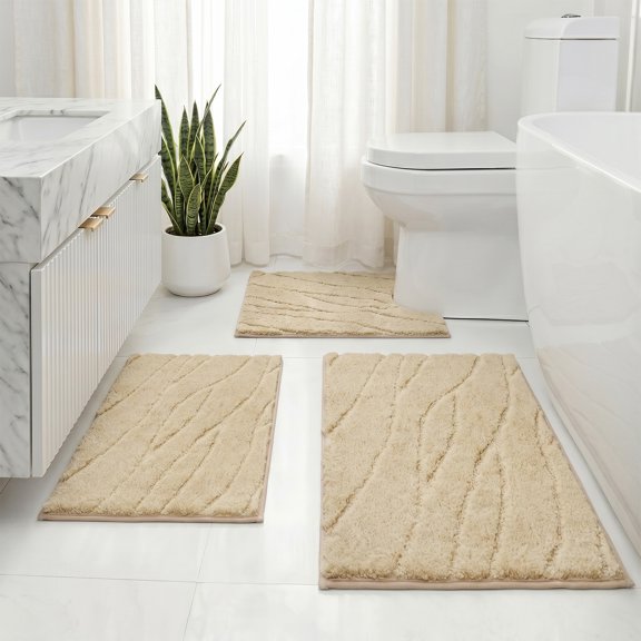 Aonewoe Bathroom Rugs Sets 3 Piece Microfiber Water Absorbent Shower Rugs with U-Shaped Contour Toilet Mat Washable Bath Mat,Beige