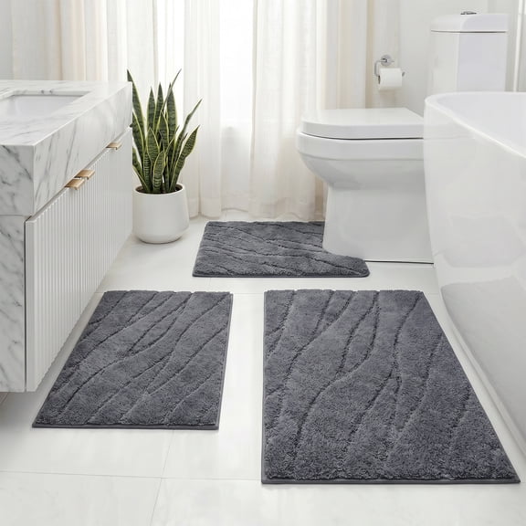Aonewoe Bathroom Rug Sets 3 Piece Absorbent Microfiber Bath Mat Shower Rug Soft U Shaped Toilet Mats Floor Carpet,Dark Gray